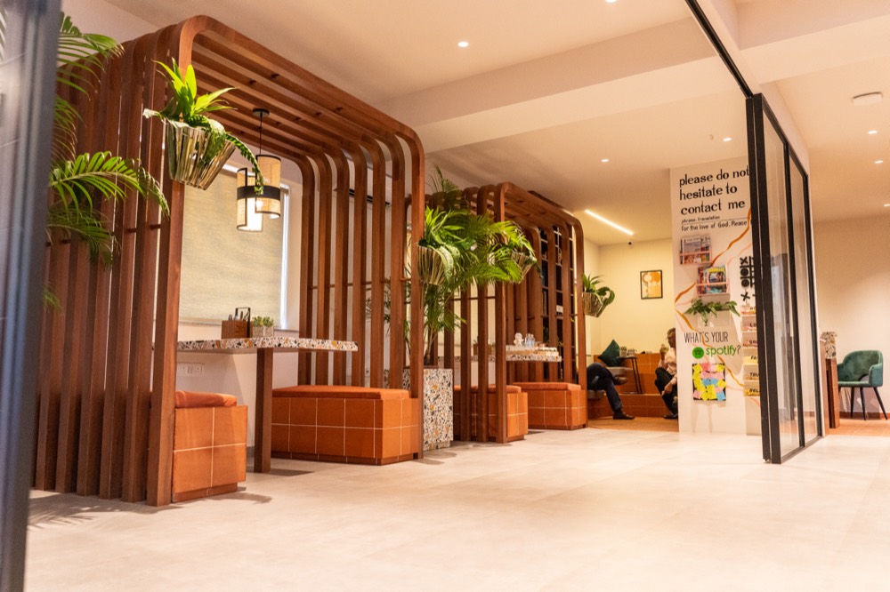 Wooden slat booths in the lounge